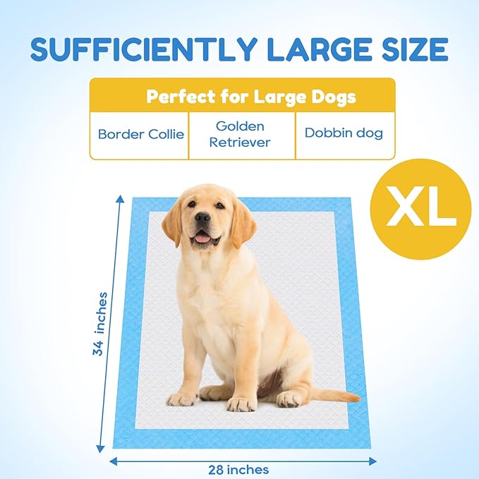 JollyMate 28"x34" Dog Pee Pads Extra Large, 100 Pack X-Large Super Absorbent Pet Pee Pads with Adhesive Tabs, 6 Layers Thick Leak-Proof Potty Pads for Dogs and Puppies