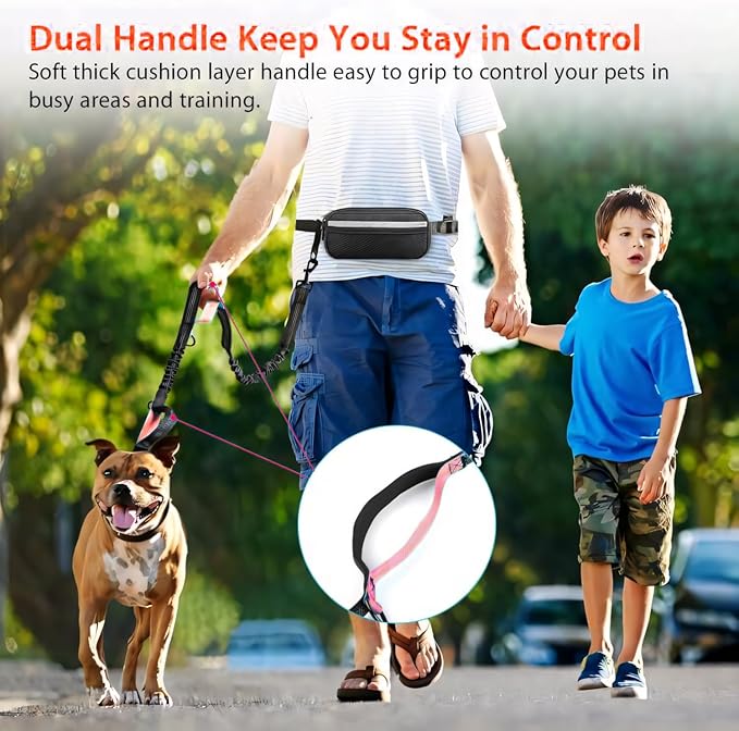 Hands Free Dog Running Leash with Waist Belt, Dual Handle Elastic Bungees Retractable Rope for Medium and Large Dogs, Reflective Stitches for Walking Hiking Biking (Large Pink, 25-120lb
