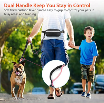 Hands Free Dog Running Leash with Waist Belt, Dual Handle Elastic Bungees Retractable Rope for Medium and Large Dogs, Reflective Stitches for Walking Hiking Biking (Large Pink, 25-120lb