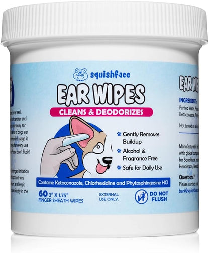 Squishface Dog Ear Relief Individual Finger Sheath Wipes – Non-Allergenic Ingredients & Irritation-Reducing Formula Cleans & Deodorizes, Helps Prevent Ear Itch & Odor – for All Breeds! (60 Count)