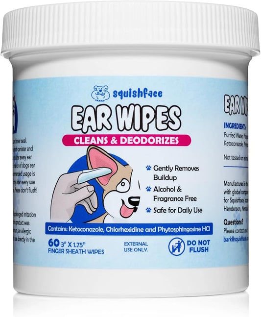 Squishface Dog Ear Relief Individual Finger Sheath Wipes – Non-Allergenic Ingredients & Irritation-Reducing Formula Cleans & Deodorizes, Helps Prevent Ear Itch & Odor – for All Breeds! (60 Count)
