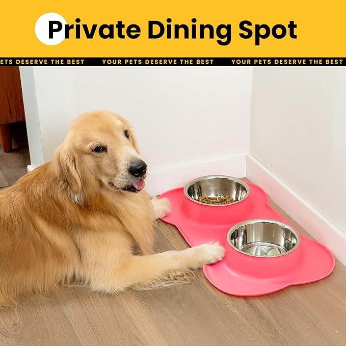Dog Bowls with Non-Slip Silicone Mat, Spill Proof Large Food & Water Bowls Set, Easy Clean Dog Food Dish, Dishwasher Safe, Suitable for Dogs Cats Pet Under 90lbs, Large, Pink