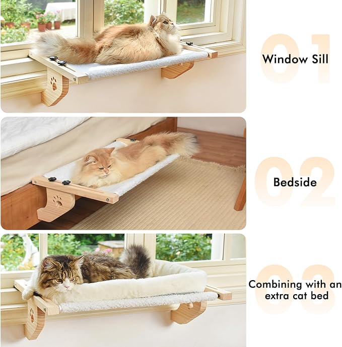 AMOSIJOY Cat Sill Window Perch Sturdy Cat Hammock Window Seat with Wood & Metal Frame for Large Cats, Easy to Adjust Cat Bed for Windowsill, Bedside, Drawer and Cabinet