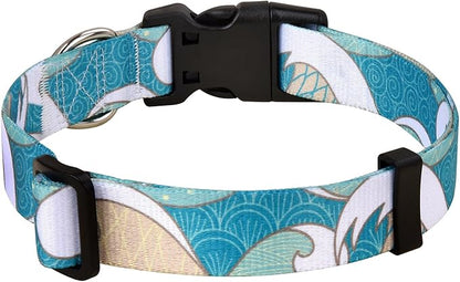 Dog Collar with Bohemia Floral Tribal Geometric Patterns - Soft Ethnic Style Collar Adjustable for Small Medium Large Dogs(Sea Wave,M)