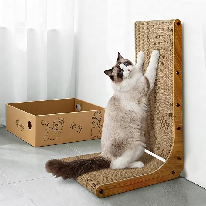 AGYM Cat Scratcher, 26 inch L Shape Cat Scratching Pad for Indoor Cats, Durable Sustainable Cardboard Scratcher with Box, Recyclable Vertical Cat Scratch Pad to Protect Furniture, Large