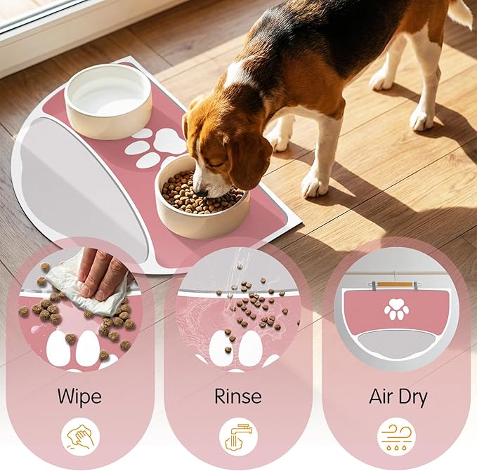 Pet Feeding Mat Half Round - 24''x16'' Absorbent Dog Food Mat for Floors Waterproof, Non Stains Pet Placemats for Small-Medium Dogs, Fit with Dual Bowls Design, Pink & Gray