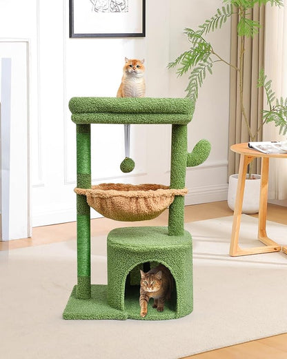 SYANDLVY Cactus Cat Tree for Indoor Cats, Green Activity Cat Tower with Scratching Post for Kittens, Modern Cat Furniture with Basket & Hanging Ball for Play Rest