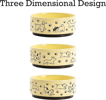 Bico Happy Dogs Yellow Ceramic 76oz Pet Bowl, for Large Size Dog, Puppy, Cat, Kitten, Durable and Dishwasher Safe Stoneware