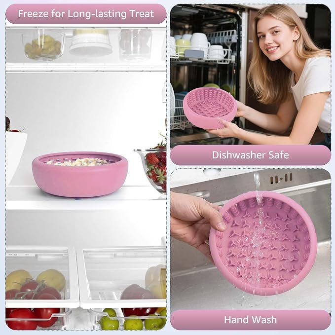 Dog Lick Bowl, ZOURYNUA Non-Slip Slow Feeder Dog Bowls, Enrichment Licking Mat for Distraction, Anxiety Relief Treat Dispenser Freezer, BPA Free Silicone & Dishwasher Safe (Pink, Small)