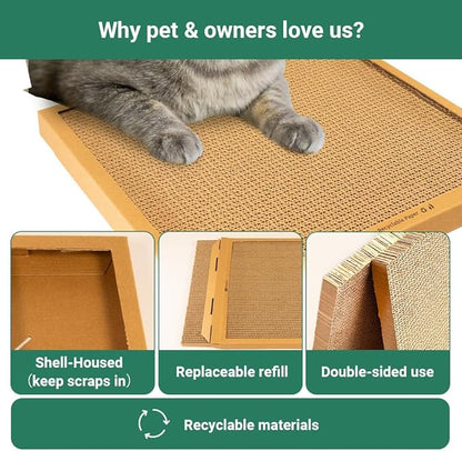 Cat Scratching Pad Board, Refillable and Combinable Corrugated Cat Scratchers for Indoor Cats, Double-Sided and Recyclable Cardboard (2Refill+2Pack)