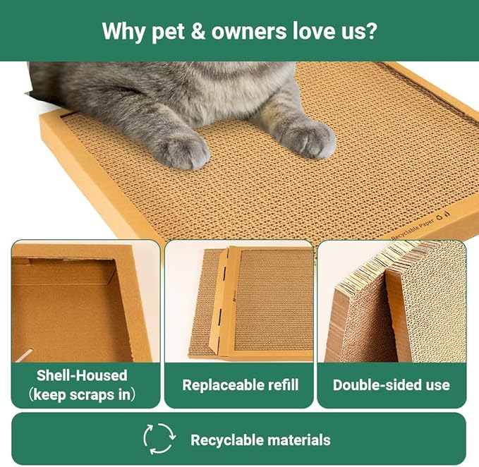 Cat Scratching Pad Board, Refillable and Combinable Corrugated Cat Scratchers for Indoor Cats, Double-Sided and Recyclable Cardboard (2Pack)