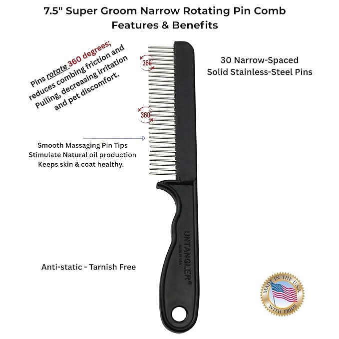 Super-Groom Combs with Smooth Rotating Teeth for Painless Mat Removal (Black, 30 Fine-Spaced Teeth)