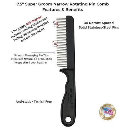 Super-Groom Combs with Smooth Rotating Teeth for Painless Mat Removal (Black, 30 Fine-Spaced Teeth)
