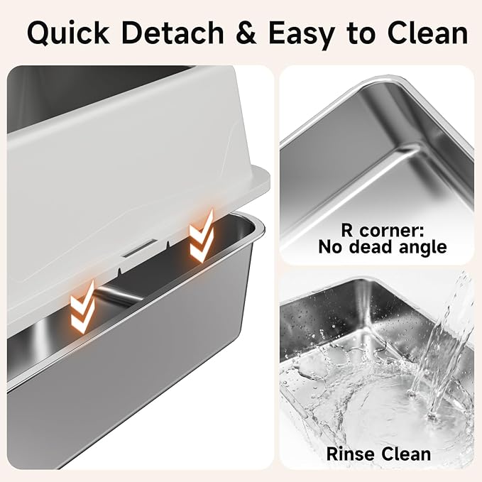 2 Pack XL Stainless Steel Litter Box with High Sides Shield for Multi Cat, Extra Large Tall Wall Open Top Deep Metal Pan for Big Cats, Anti-Leak Non-Stick Odor Control, 2 Scoops Included, Gray