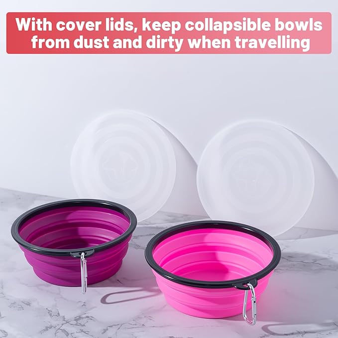 SLSON Dog Bowls Pet Collapsible Bowl with Cover Lids,2 Pack Dog Travel Bowls Portable Foldable Cat Water Dish Bowl for Pets Walking Parking Camping (Pink and Purple, Large)