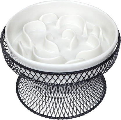 Raised Ceramic Cat Slow Feeder Bowl, Elevated Cat Plate with Stand, Slow Bowl for Wet and Dry Food, Whisker Friendly Pet Feeder for Kitten and Small Dog Perfect for Pet Gift