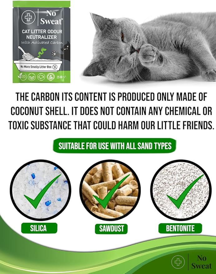 No Sweat Cat Litter Odor Neutralizer, Coconut Shell, Unscented, 5 Packs in One Box, 125 GR
