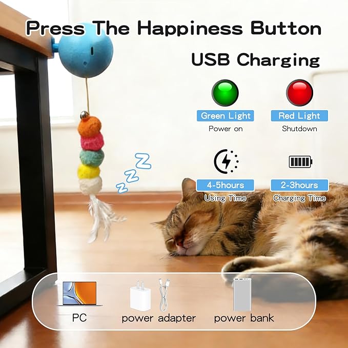 Puffluv Interactive Cat Toy for Indoor Cats, Automatic Electric Flying Bird Feather Wand Toy,Hanging Feather Wand with Stretch Cord, Rechargeable Teaser for Kittens and Adult Cats Play,Yellow