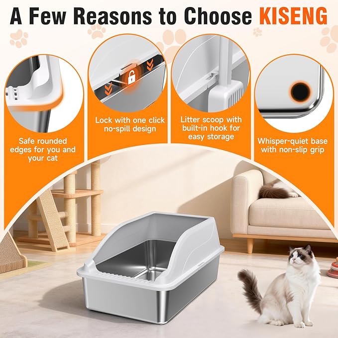 2PACK Stainless Steel Litter Box, Odor Free XL Metal Litter Box Extra Large with High Sides, Easy Cleaning Open Top Litter Pan Include Scoop Non-Sticky Kitty Cat Box Anti-Urine Leakage, Anti-Scratch