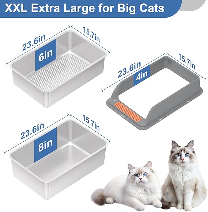 Stainless Steel Sifting Litter Box with Lid, XXL Extra Large Sifting Cat Litter Box for Pine Pellets & Big Cats,Metal Pellet Sifter Litter Pan System for Odor Control,Sifting Box Liners & Scoop