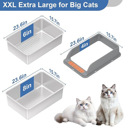 Stainless Steel Sifting Litter Box with Lid, XXL Extra Large Sifting Cat Litter Box for Pine Pellets & Big Cats,Metal Pellet Sifter Litter Pan System for Odor Control,Sifting Box Liners & Scoop
