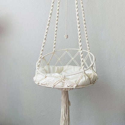 Macrame Cat Hammock with Cushion Handwoven Boho Hanging Cat Bed Pet Kitten Swing Bed for Playing Sleeping Climbing and Lounging (130 cm)