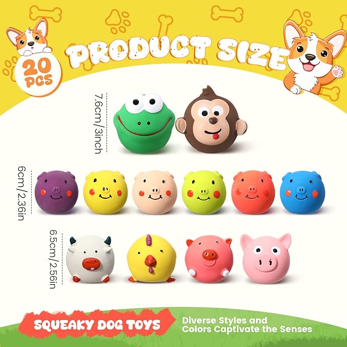 20 Pack Latex Dog Squeaky Toys Squeak Latex Puppy Toy Soft Rubber Funny Animal Sets Interactive Fetch Play Chew Molar Toys for Small Medium Dogs Pets