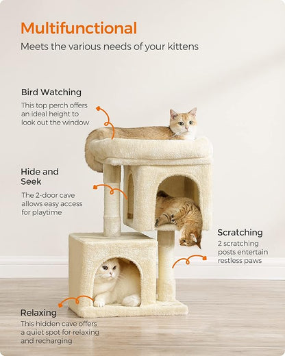 Feandrea Cat Tree, 26.4-Inch Cat Tower, Plush Condo for Kittens up to 7 lb, Large Perch, 2 Caves, Scratching Post, Beige UPCT611M01
