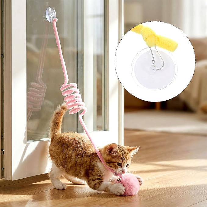 4PCS Cat Spring Toys, Hanging Fluffy Cat Ball Toys with Bell Stretchable Interactive Cats Teaser Soft Plush Interactive Cat Toy for Indoor Cats Kitten Play Chase Exercise