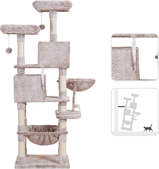 Heybly Cat Tree, 70 inches Tall Cat Tower Condo with Toy for Indoor Large Cats, Cat House Furniture with Padded Plush Perch, Cozy Hammock and Sisal Scratching Posts, Muchroom HCT032MU