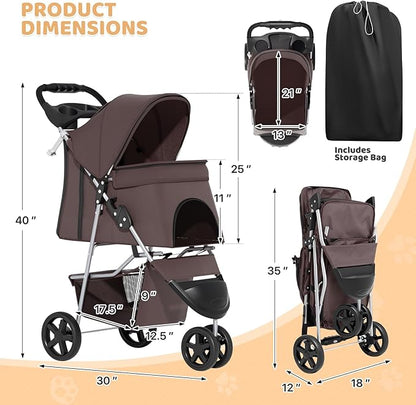 Magshion 3-Wheel Pet Stroller, Foldable Travel Jogger for Small & Medium Dogs & Cats (Up to 33lbs), Lightweight Carrier with Breathable Mesh Cover, Cup Holder & Storage Basket, Coffee