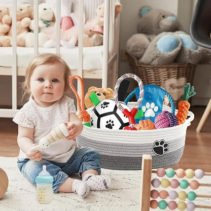 7 Pcs Puppy Dog Toys Storage Basket Set Dog Gift Chew Toys for Teething Squeaky Plush Duck Rope Woven Basket with Handles for Small Puppy