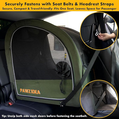 PAWZIDEA Portable Dog Crate for Car Travel, Collapsible Pet Travel Crates for Medium & Large Dogs Up to 80lbs, Enclosed Soft-Sided Car Kennel Carrier for Backseat, Secures w/Seatbelt & Headrest Strap