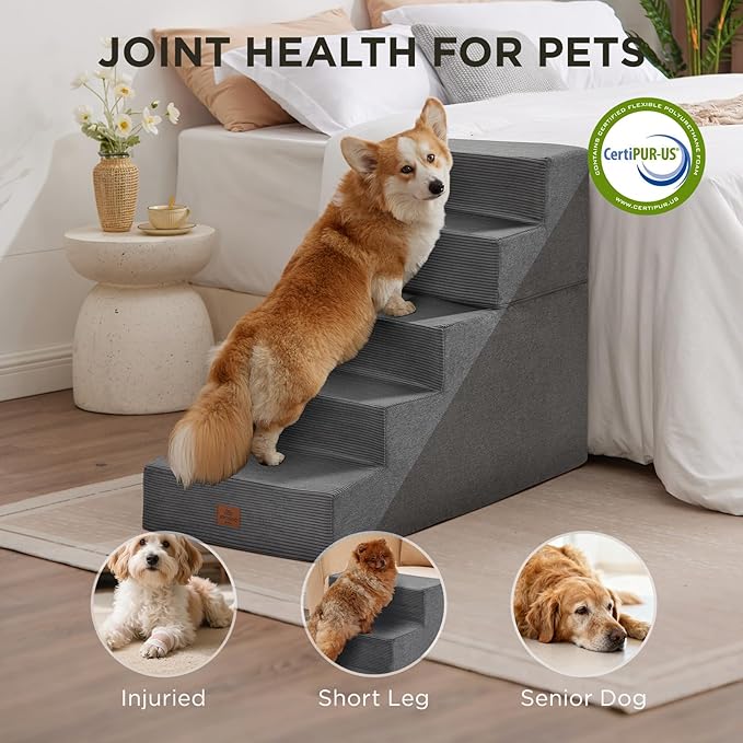 Joydeco Dog Stairs for Bed 25" H, 5-Step Pet Steps for Small Dogs and Cats, Dog Steps for High Bed, Non-Slip Balanced Ramp Indoor Pet Stairs, Gray