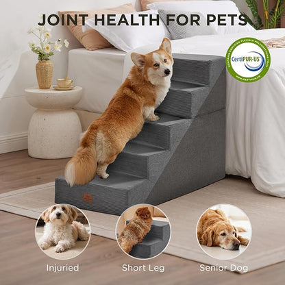 Joydeco Dog Stairs for Bed 25" H, 5-Step Pet Steps for Small Dogs and Cats, Dog Steps for High Bed, Non-Slip Balanced Ramp Indoor Pet Stairs, Gray