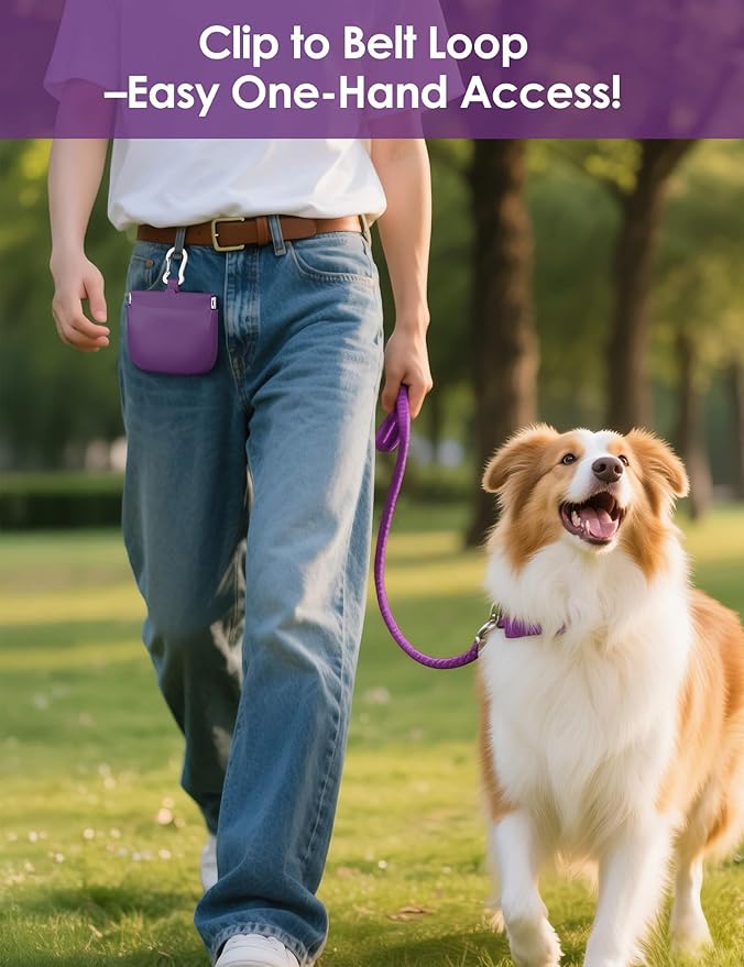 RBibei【One-Hand Access Silicone Dog Treat Pouch, Small Pocket Sized Training Pouch with Pull Tab & Auto Closing Lid for Easy Pet Training & Walking (Purple)