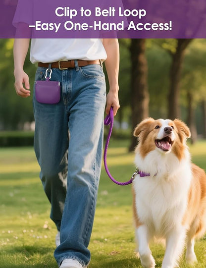 RBibei【One-Hand Access Silicone Dog Treat Pouch, Small Pocket Sized Training Pouch with Pull Tab & Auto Closing Lid for Easy Pet Training & Walking (Purple)