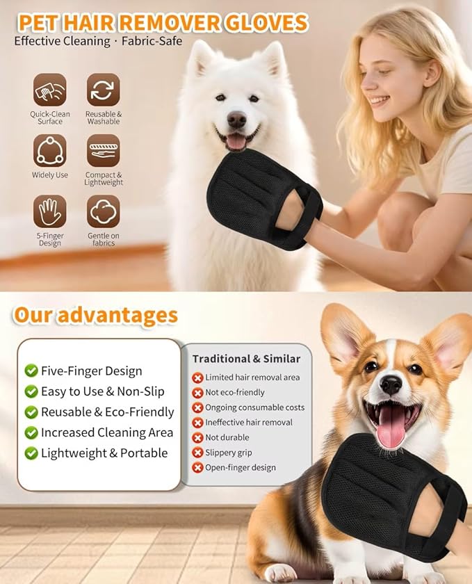 Hair Removal Glove for Cats & Dogs – 5-Finger Electrostatic Pet Hair Remover, Reusable Grooming Mitt for Bathing, Cleaning, Lint & Fur Removal – Static Design, Easy Clean, Non-Slip