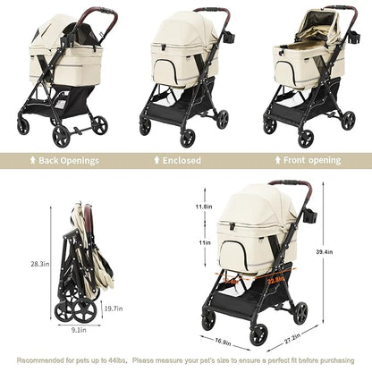 NO-Zip Pet Stroller for Small Dogs & Cats, Lightweight Dog Stroller with Reflective Safety Strips, One-Hand Fold, Claw-Proof Mesh, Breathable Travel Carriage, 33lbs Capacity, White