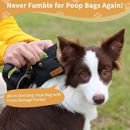 Dog Treat Pouch, Hand Free Dog Training Treat Bag with Carabiner & Magnetic Buckle, Auto Closing Dog Walking Bag for Puppy Travel or Outdoor Use, Pet Feed Snack Reward Pocket, Black