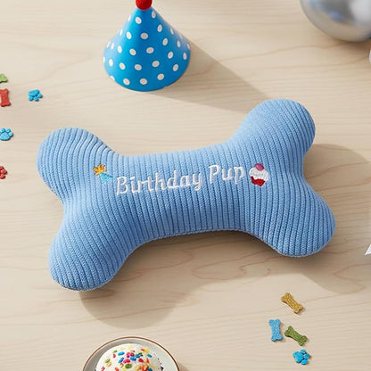 2026 Birthday Squeaky Dog Toys, Embroidered Bone Shape Blue Corduroy Pet Pillow 8"x5",Plush Soft Cotton Filled Cute Fun Dog Chew Puzzle Toy Birthday Gifts for Small Medium Dogs(Birthday Pup)