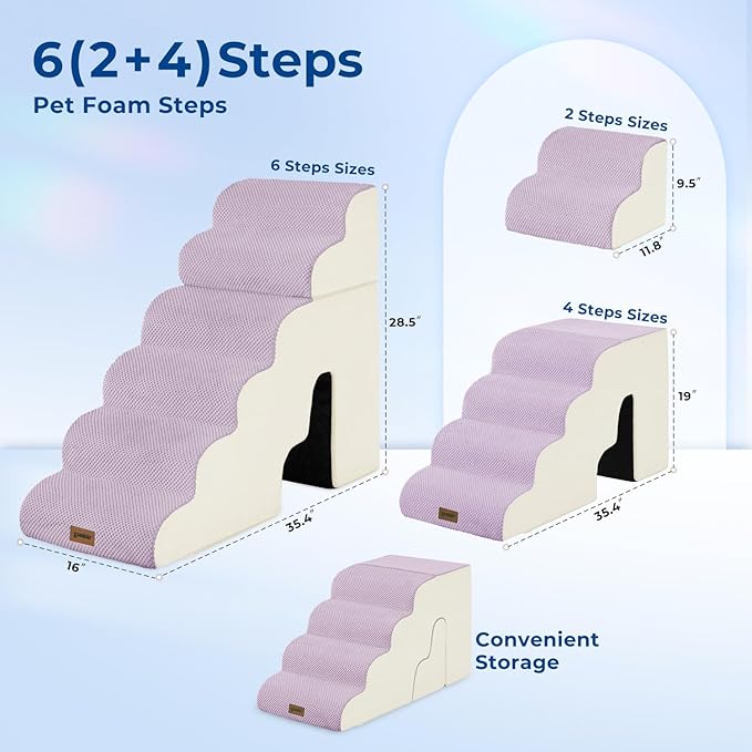 Dog Steps for High Beds - 6 Step 29" H Pet Stairs with Tunnel 2 in 1 with Zippers Suitable for Large Dogs and Cats, Indoor Cat Ladders with Non-Slip Bottom, Beige