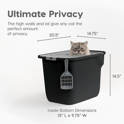 IRIS USA Large Cat Litter Box Top Entry with Lid, Enclosed Litter Box with Litter Catching Lid & Scoop, Covered Cat Litter Box Enclosure for Privacy, High Sided, Black/Gray