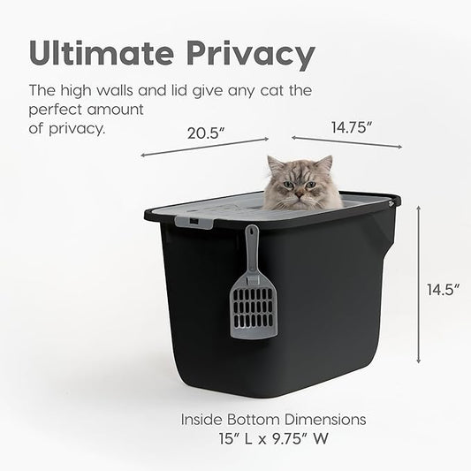 IRIS USA Large Cat Litter Box Top Entry with Lid, Enclosed Litter Box with Litter Catching Lid & Scoop, Covered Cat Litter Box Enclosure for Privacy, High Sided, Black/Gray