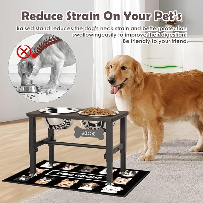 SHAINFUN Elevated Dog Bowls with Slow Feeder & Mat for Medium Large Dogs, Adjustable Height, Raised Dog Bowl Stand with 2 Stainless Steel 58oz Bowls, Tall Dogs Food Water Bowl Wooden & Metal Holder