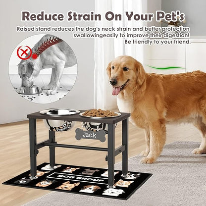 SHAINFUN Elevated Dog Bowls with Slow Feeder & Mat for Medium Large Dogs, Adjustable Height, Raised Dog Bowl Stand with 2 Stainless Steel 58oz Bowls, Tall Dogs Food Water Bowl Wooden & Metal Holder