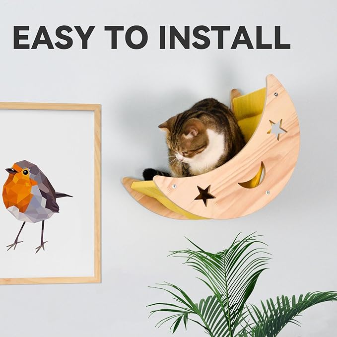 Cat Hammock Moon Bed Wall Mounted Shelf Hammock Shelves and Perches Solid Wood Furniture Platforms Beds Hanging for Cats and Kitty Easy Installation-Single Moon