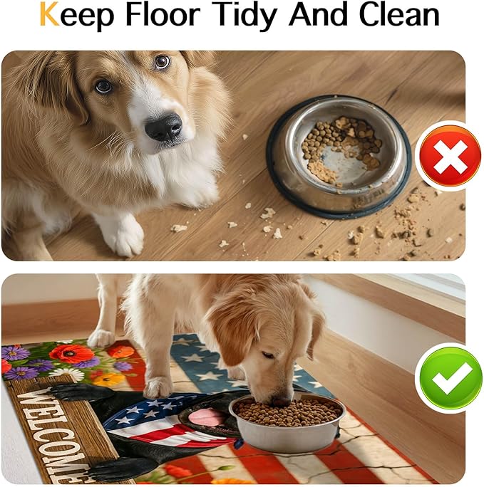 4th of July Flag Dog Pet Food Mat Independence Day Spill-Proof Pet Feeding Mat Welcome Dog Bowl Mats Pets Placemat Cat Food Mats for Home Decor 24" x 16"