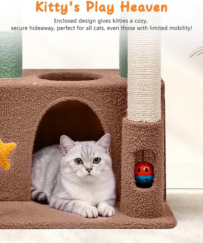 31" Cute Cat Tower for Indoor Kittens with Cat Condo, Plush Platform, Hammock, Sisal Scratching Posts, Dangling Ball, Tall Cat Tree Tower with Self-Grooming Brush (Olive Green)