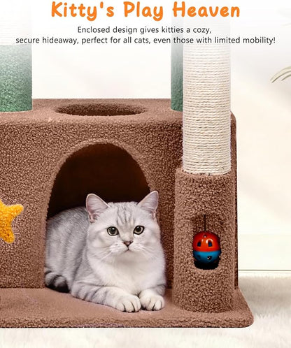 31" Cute Cat Tower for Indoor Kittens with Cat Condo, Plush Platform, Hammock, Sisal Scratching Posts, Dangling Ball, Tall Cat Tree Tower with Self-Grooming Brush (Olive Green)